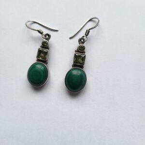 Green Stone Drop Earrings - Silver Tone